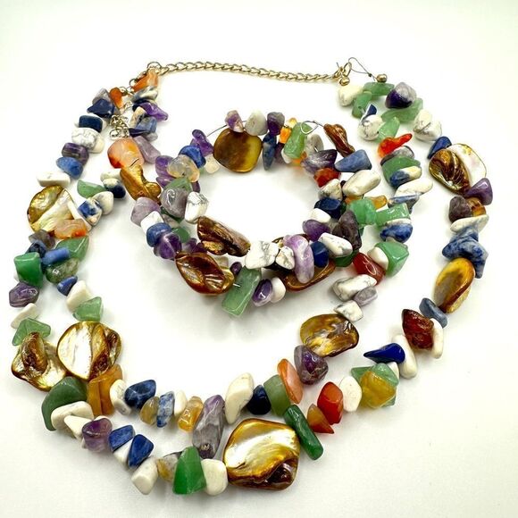 Multi stone, double strand and shell necklace and bracelet set! - Picture 1 of 9